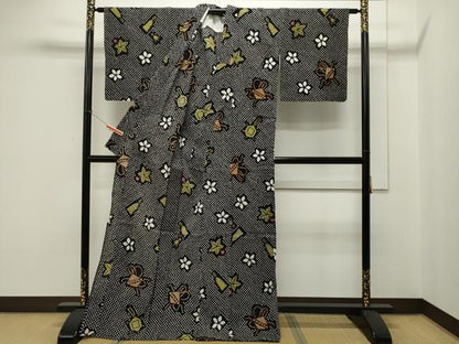 平和屋着物∴夏物　浴衣　有松鳴海絞り　玩具花文　黒地　綿　逸品　CAAW5121dy
