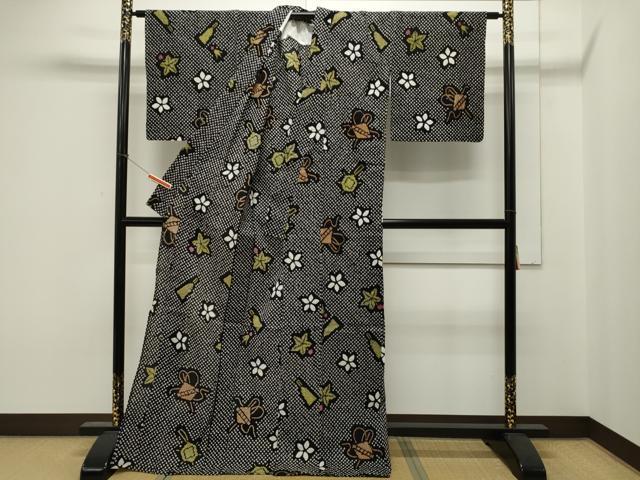 平和屋着物∴夏物　浴衣　有松鳴海絞り　玩具花文　黒地　綿　逸品　CAAW5121dy