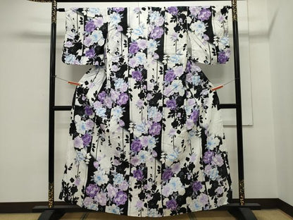 平和屋着物∴夏物 綿紅梅 浴衣 草花文 黒地 綿 逸品 CAAW5146dy