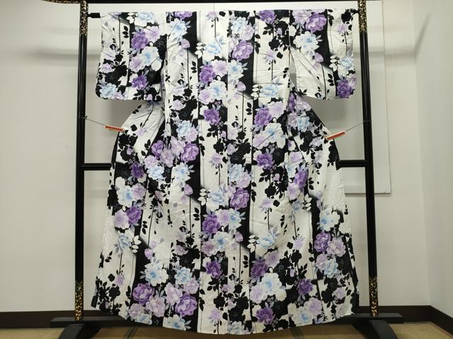 平和屋着物∴夏物 綿紅梅 浴衣 草花文 黒地 綿 逸品 CAAW5146dy