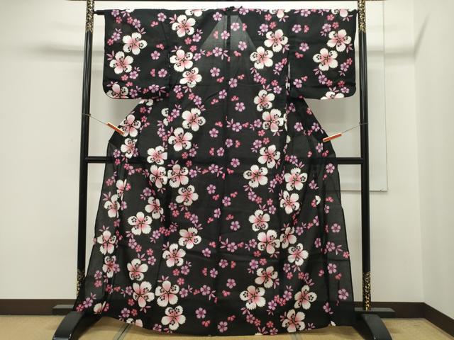 平和屋着物∴夏物 綿紅梅 浴衣 舞花文 黒地 金彩 綿 逸品 CAAW5147dy