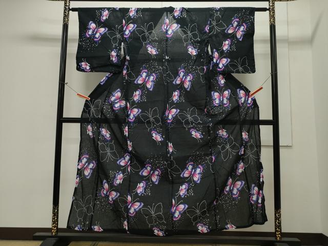 平和屋着物∴夏物 綿紅梅 浴衣 舞蝶文 黒地 銀彩 綿 逸品 CAAW5148dy