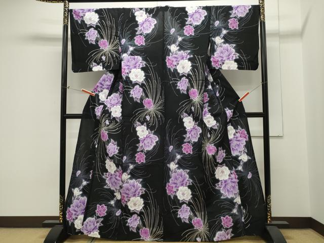 平和屋着物∴夏物 世界的ファッションデザイナー 山本寛斎 kansaiブランド 浴衣 草花文 黒地 銀彩 綿 逸品 CAAW5149dy