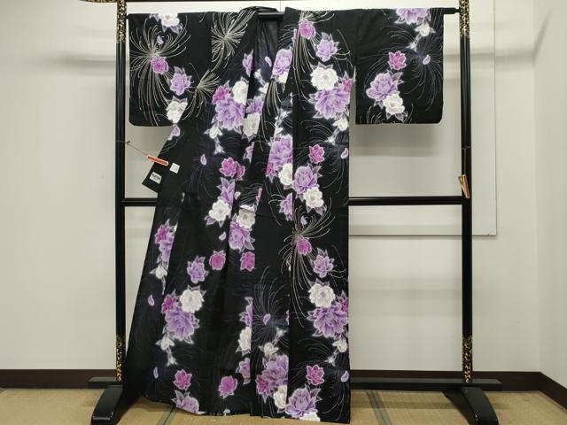 平和屋着物∴夏物 世界的ファッションデザイナー 山本寛斎 kansaiブランド 浴衣 草花文 黒地 銀彩 綿 逸品 CAAW5149dy