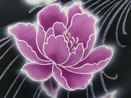 平和屋着物∴夏物 世界的ファッションデザイナー 山本寛斎 kansaiブランド 浴衣 草花文 黒地 銀彩 綿 逸品 CAAW5149dy