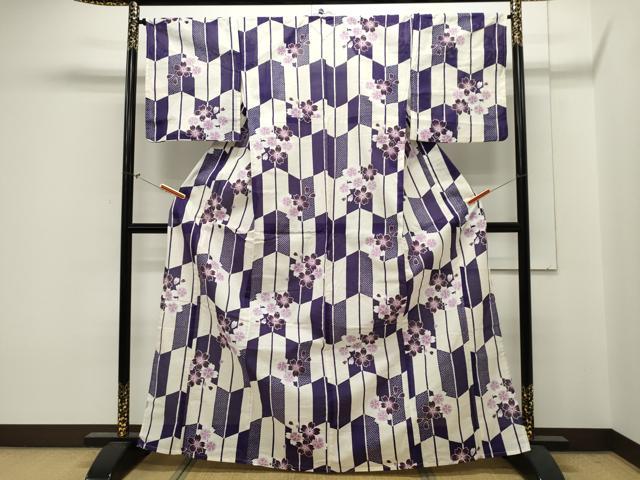 平和屋着物∴夏物　小紋・浴衣兼用　綿絽　矢羽花文　綿　逸品　CAAW5150dy