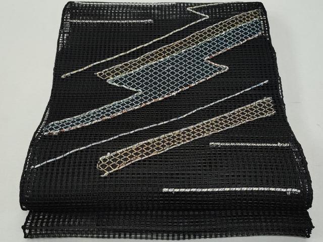 平和屋着物＊夏物 八寸名古屋帯 羅 幾何学文 黒地 銀糸 正絹 逸品 CAAW5474fb