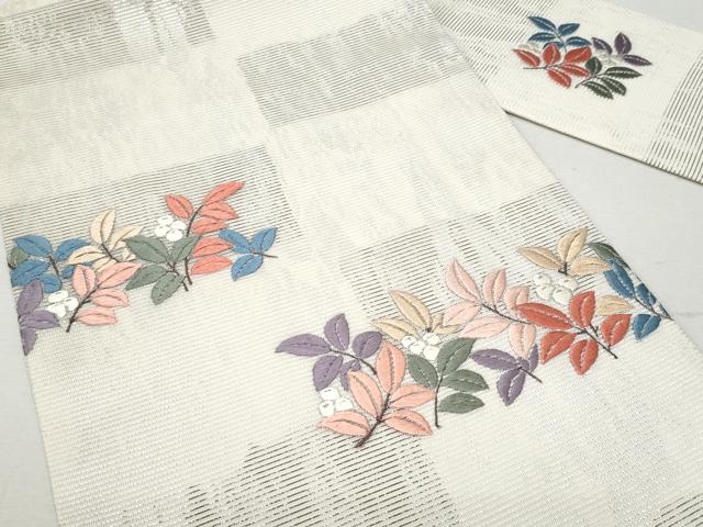 平和屋着物＊夏物 九寸名古屋帯 刺繍 絽綴れ 南天枝葉文 銀糸 正絹 逸品 CAAW5488fb
