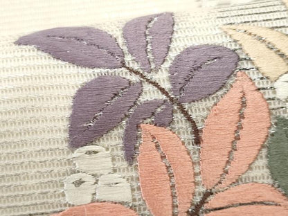 平和屋着物＊夏物 九寸名古屋帯 刺繍 絽綴れ 南天枝葉文 銀糸 正絹 逸品 CAAW5488fb