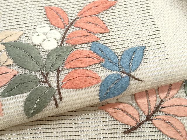 平和屋着物＊夏物 九寸名古屋帯 刺繍 絽綴れ 南天枝葉文 銀糸 正絹 逸品 CAAW5488fb