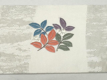平和屋着物＊夏物 九寸名古屋帯 刺繍 絽綴れ 南天枝葉文 銀糸 正絹 逸品 CAAW5488fb