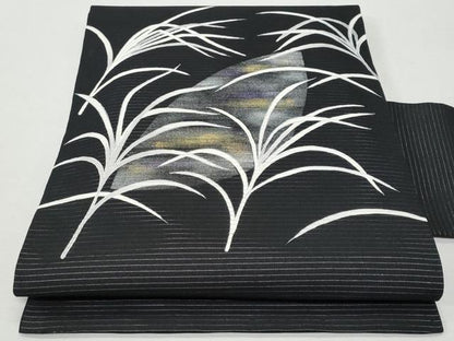 平和屋着物＊夏物 塩瀬 九寸名古屋帯 草木文 黒地 金銀彩 正絹 逸品 CAAW5490fb