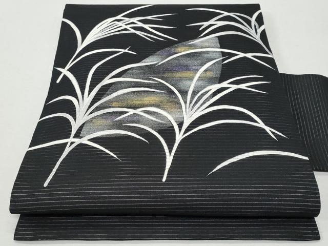 平和屋着物＊夏物 塩瀬 九寸名古屋帯 草木文 黒地 金銀彩 正絹 逸品 CAAW5490fb