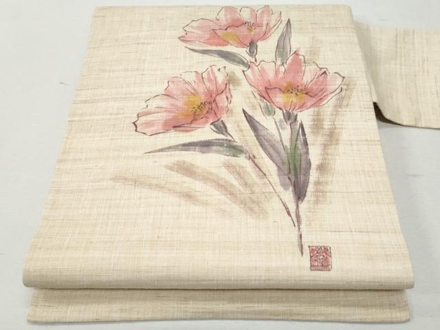 平和屋着物＊夏物 九寸名古屋帯 作家物 手描き 枝花文 麻 逸品 CAAW5496fb