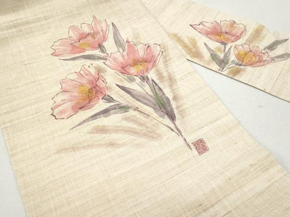 平和屋着物＊夏物 九寸名古屋帯 作家物 手描き 枝花文 麻 逸品 CAAW5496fb