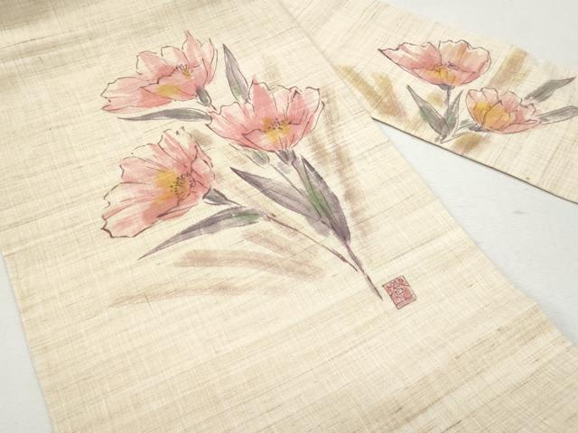 平和屋着物＊夏物 九寸名古屋帯 作家物 手描き 枝花文 麻 逸品 CAAW5496fb