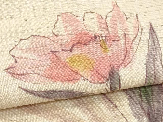 平和屋着物＊夏物 九寸名古屋帯 作家物 手描き 枝花文 麻 逸品 CAAW5496fb
