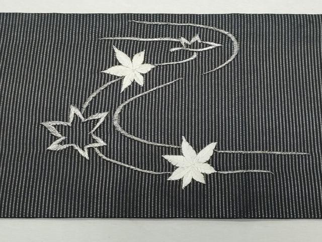 平和屋着物＊夏物 九寸名古屋帯 刺繍 竜田川 黒地 銀糸 正絹 逸品 CAAW5498fb