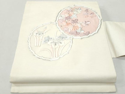 平和屋着物＊夏物 九寸名古屋帯 総刺繍 駒刺繍 絵皿花文 銀糸 正絹 逸品 CAAW5509fb