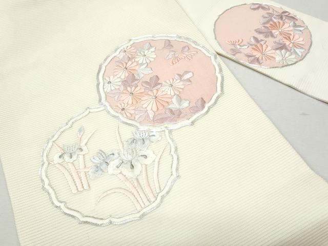 平和屋着物＊夏物 九寸名古屋帯 総刺繍 駒刺繍 絵皿花文 銀糸 正絹 逸品 CAAW5509fb