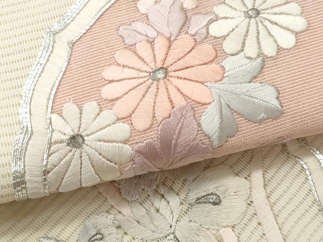 平和屋着物＊夏物 九寸名古屋帯 総刺繍 駒刺繍 絵皿花文 銀糸 正絹 逸品 CAAW5509fb