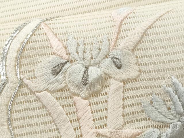 平和屋着物＊夏物 九寸名古屋帯 総刺繍 駒刺繍 絵皿花文 銀糸 正絹 逸品 CAAW5509fb