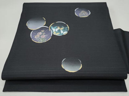 平和屋着物＊夏物 塩瀬 九寸名古屋帯 花丸文 黒地 金銀彩 正絹 逸品 CAAW5600fb