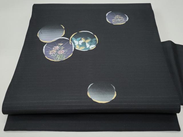 平和屋着物＊夏物 塩瀬 九寸名古屋帯 花丸文 黒地 金銀彩 正絹 逸品 CAAW5600fb
