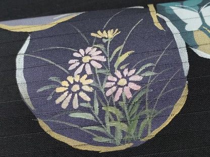 平和屋着物＊夏物 塩瀬 九寸名古屋帯 花丸文 黒地 金銀彩 正絹 逸品 CAAW5600fb