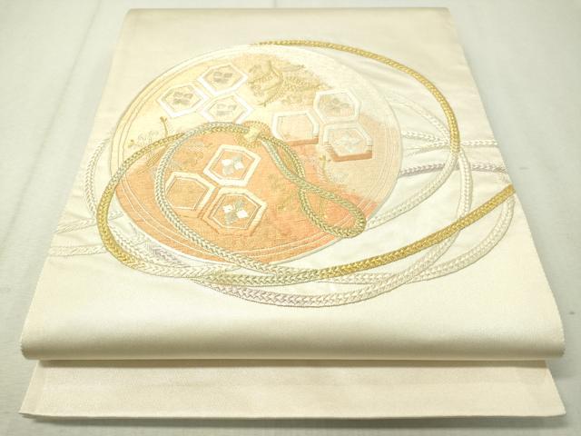 平和屋着物▼太鼓柄袋帯　総刺繍　鏡裏文　金糸　正絹　逸品　CAAW5604vp