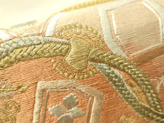 平和屋着物▼太鼓柄袋帯　総刺繍　鏡裏文　金糸　正絹　逸品　CAAW5604vp