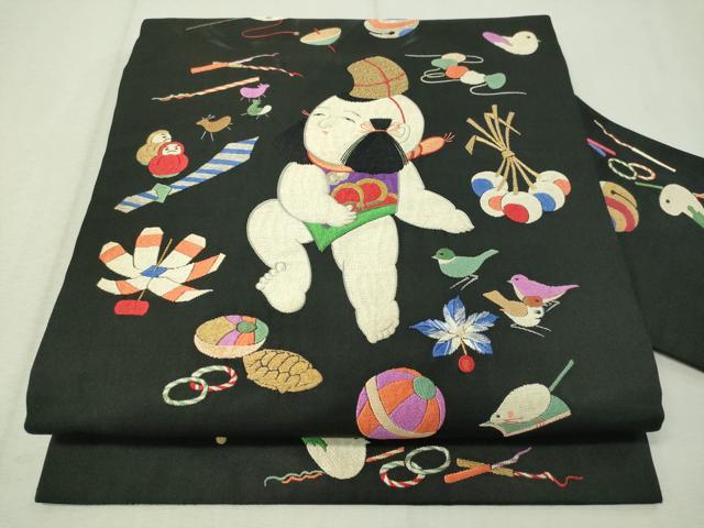 平和屋着物●アンティーク 大正ロマン 総刺繍 九寸名古屋帯 唐子遊び 黒地 金銀糸 正絹 逸品 CAAW5673vp