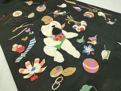平和屋着物●アンティーク 大正ロマン 総刺繍 九寸名古屋帯 唐子遊び 黒地 金銀糸 正絹 逸品 CAAW5673vp