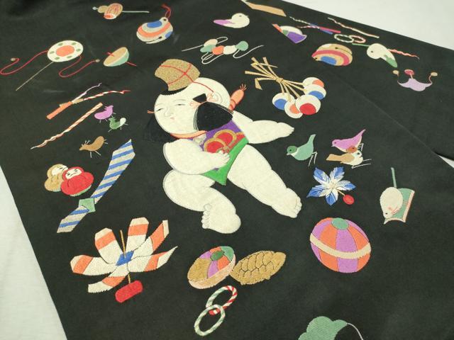 平和屋着物●アンティーク 大正ロマン 総刺繍 九寸名古屋帯 唐子遊び 黒地 金銀糸 正絹 逸品 CAAW5673vp