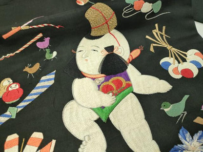 平和屋着物●アンティーク 大正ロマン 総刺繍 九寸名古屋帯 唐子遊び 黒地 金銀糸 正絹 逸品 CAAW5673vp