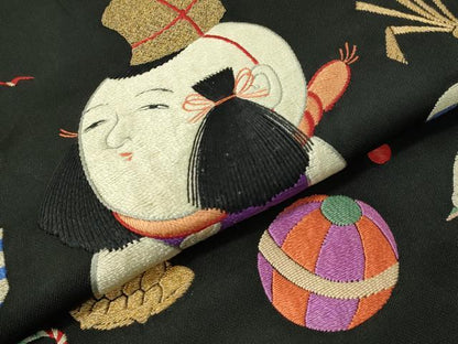 平和屋着物●アンティーク 大正ロマン 総刺繍 九寸名古屋帯 唐子遊び 黒地 金銀糸 正絹 逸品 CAAW5673vp
