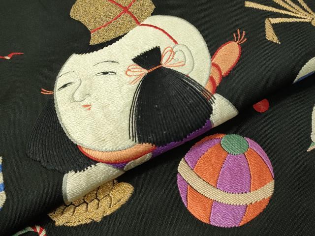 平和屋着物●アンティーク 大正ロマン 総刺繍 九寸名古屋帯 唐子遊び 黒地 金銀糸 正絹 逸品 CAAW5673vp