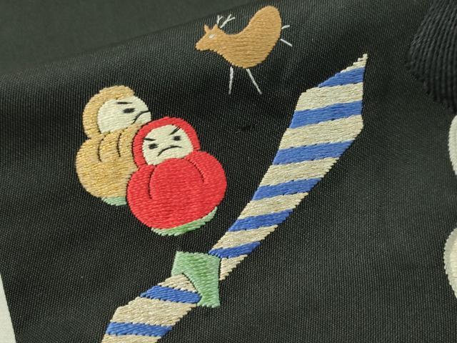 平和屋着物●アンティーク 大正ロマン 総刺繍 九寸名古屋帯 唐子遊び 黒地 金銀糸 正絹 逸品 CAAW5673vp
