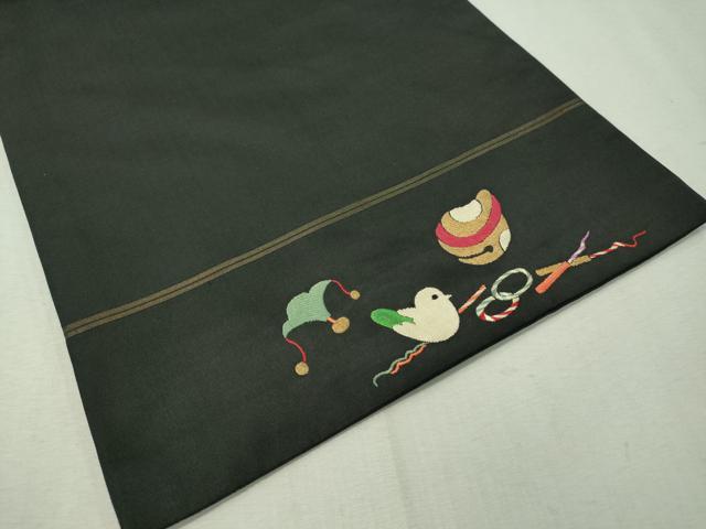 平和屋着物●アンティーク 大正ロマン 総刺繍 九寸名古屋帯 唐子遊び 黒地 金銀糸 正絹 逸品 CAAW5673vp