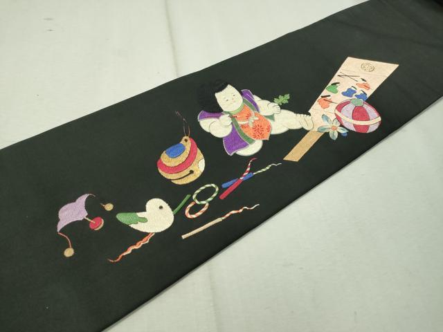 平和屋着物●アンティーク 大正ロマン 総刺繍 九寸名古屋帯 唐子遊び 黒地 金銀糸 正絹 逸品 CAAW5673vp
