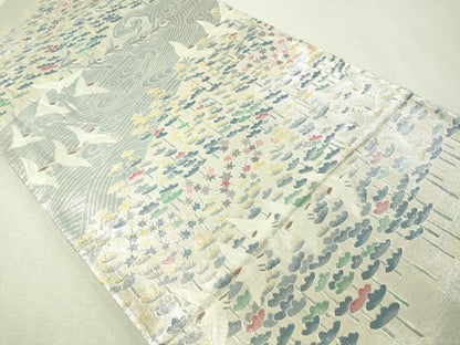 平和屋着物●本加賀友禅作家　百貫華峰　柄袋帯　立波飛鳥花文　銀糸　正絹　逸品　CAAW5721vp