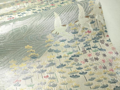 平和屋着物●本加賀友禅作家　百貫華峰　柄袋帯　立波飛鳥花文　銀糸　正絹　逸品　CAAW5721vp