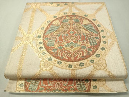 平和屋着物▼六通柄袋帯　双鳥花唐草絵皿文　金糸　正絹　逸品　CAAW5792vp