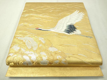 平和屋着物●西陣 長嶋成織物謹製 太鼓柄袋帯 波涛瑞鶴文 瀞金錦 本金箔 正絹 逸品 CAAW5796vp