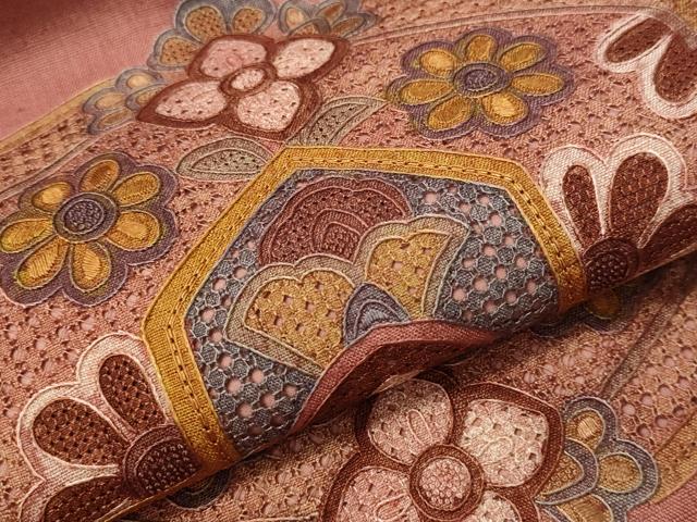 平和屋着物●総刺繍　中国三大刺繍　スワトウ相良刺繍　九寸名古屋帯　紬地　正倉院花文　正絹　逸品　CAAW5819vp