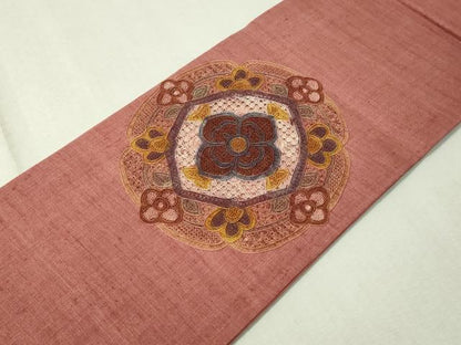 平和屋着物●総刺繍　中国三大刺繍　スワトウ相良刺繍　九寸名古屋帯　紬地　正倉院花文　正絹　逸品　CAAW5819vp