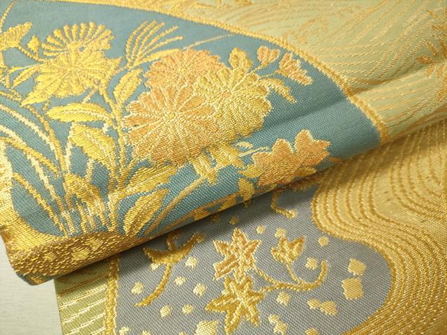 平和屋着物▼六通柄袋帯 片輪車地紙花文 金糸 正絹 逸品 CAAW5839vp
