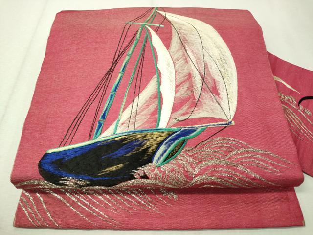 平和屋着物●アンティーク　大正ロマン　総刺繍　九寸名古屋帯　立波船文　金銀糸　正絹　逸品　CAAW5855vp
