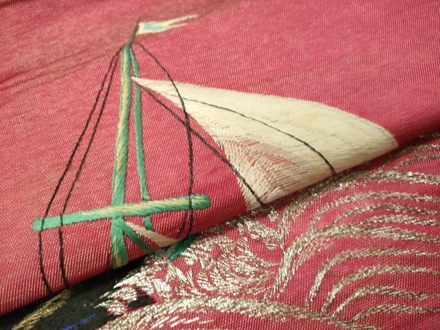 平和屋着物●アンティーク　大正ロマン　総刺繍　九寸名古屋帯　立波船文　金銀糸　正絹　逸品　CAAW5855vp