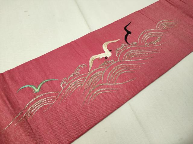平和屋着物●アンティーク　大正ロマン　総刺繍　九寸名古屋帯　立波船文　金銀糸　正絹　逸品　CAAW5855vp